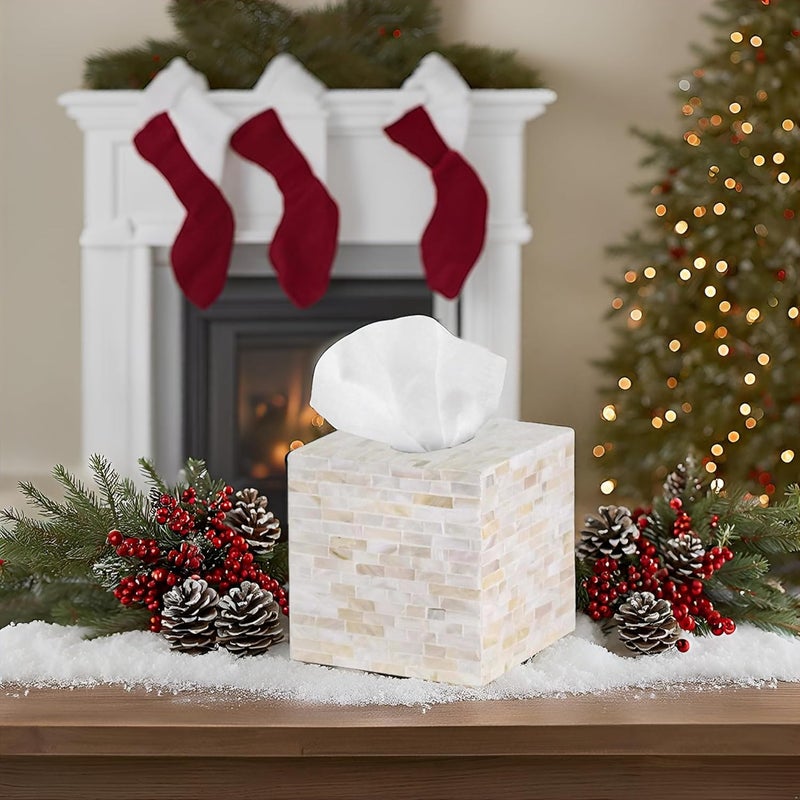 PEMAR 5.9″ Handmade Mother of Pearl Tissue Box Cover – Acacia Wood Cube, 5.35″ Interior Fits 5″ Square Boxes, Sliding Bottom, Lacquer Rustic Farmhouse Decor (Milano) - Image 3